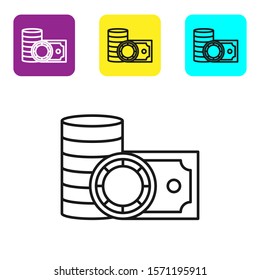 Black line Casino chips and stacks paper money cash icon isolated on white background. Casino gambling. Set icons colorful square buttons. Vector Illustration