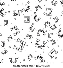 Black line Castle icon isolated seamless pattern on white background. Fortress sign.  Vector Illustration