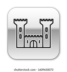 Black line Castle icon isolated on white background. Fortress sign. Silver square button. Vector Illustration