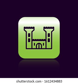 Black line Castle icon isolated on black background. Fortress sign. Green square button. Vector Illustration