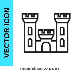 Black line Castle icon isolated on white background. Medieval fortress with a tower. Protection from enemies. Reliability and defense of the city.  Vector