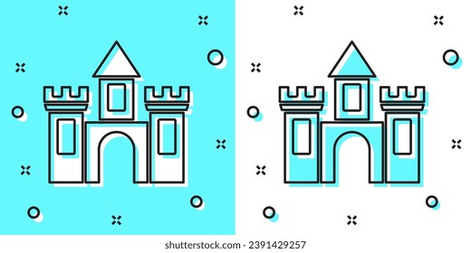 Icono Castillo de línea negra aislado en fondo verde y blanco. Fortaleza medieval con torre. Protección contra enemigos. Fiabilidad y defensa de la ciudad. Formas dinámicas aleatorias. Vector