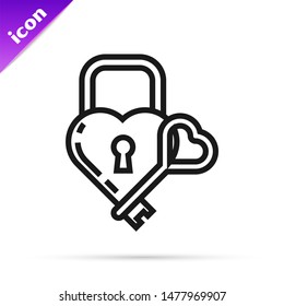 Black line Castle in the shape of a heart and key icon isolated on white background. Locked Heart. Love symbol and keyhole sign.  Vector Illustration