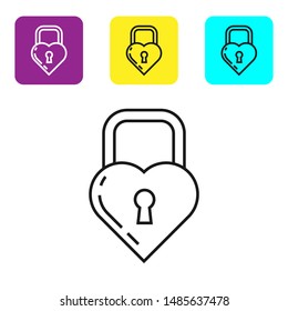 Black line Castle in the shape of a heart icon isolated on white background. Locked Heart. Love symbol and keyhole sign. Set icons colorful square buttons. Vector Illustration