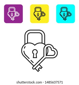 Black line Castle in the shape of a heart and key icon isolated on white background. Locked Heart. Love symbol and keyhole sign. Set icons colorful square buttons. Vector Illustration