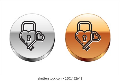 Black line Castle in the shape of a heart and key icon isolated on white background. Locked Heart. Love symbol and keyhole sign. Silver-gold circle button. Vector Illustration