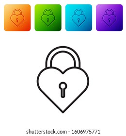 Black line Castle in the shape of a heart icon isolated on white background. Locked Heart. Love symbol and keyhole sign. Set icons in color square buttons. Vector Illustration