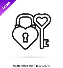 Black line Castle in the shape of a heart and key in heart shape icon isolated on white background. Love symbol and keyhole sign.  Vector Illustration