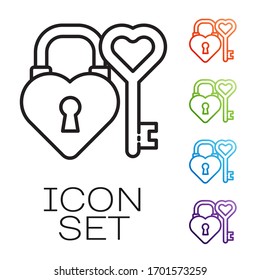 Black line Castle in the shape of a heart and key in heart shape icon isolated on white background. Love symbol and keyhole sign. Set icons colorful. Vector Illustration
