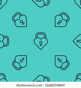 Black line Castle in the shape of a heart icon isolated seamless pattern on green background. Locked Heart. Love symbol and keyhole sign. Happy Valentines day.  Vector