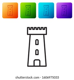 Black line Castle tower icon isolated on white background. Fortress sign. Set icons in color square buttons. Vector Illustration