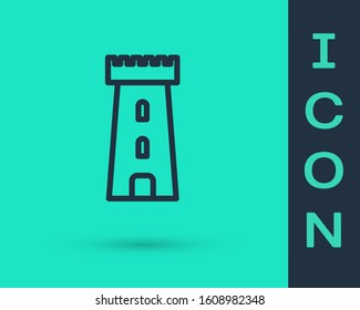 Black line Castle tower icon isolated on green background. Fortress sign.  Vector Illustration
