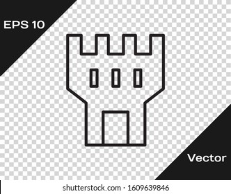 Black line Castle tower icon isolated on transparent background. Fortress sign.  Vector Illustration