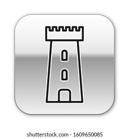 Black line Castle tower icon isolated on white background. Fortress sign. Silver square button. Vector Illustration