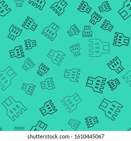 Black line Castle tower icon isolated seamless pattern on green background. Fortress sign.  Vector Illustration