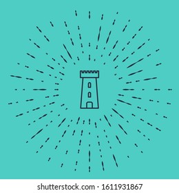 Black line Castle tower icon isolated on green background. Fortress sign. Abstract circle random dots. Vector Illustration