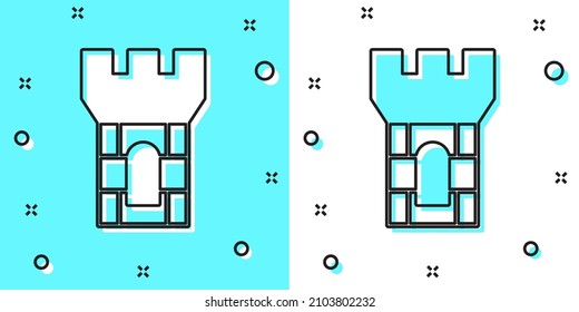 Icono de la torre del castillo de línea negra aislado en fondo verde y blanco. Señal de fortaleza. Formas dinámicas aleatorias. Vector