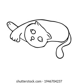 Black line a Cat lying on white silhouette. Hand drawn cartoon style. Doodle for coloring, decoration or any design. Vector illustration of kid art.