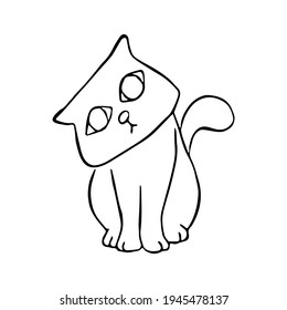 Black line a cat sat and tilted his neck on white silhouette. Hand drawn cartoon style. Doodle for coloring, decoration or any design. Vector illustration of kid art.