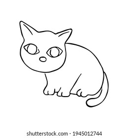 La línea negra de un gato se sienta sobre la silueta blanca. Estilo de caricatura dibujado a mano. Doodle para colorear, decorar o cualquier diseño. Ilustración vectorial del arte infantil.