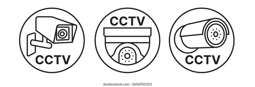 CCTV de línea negra en un círculo negro de fondo blanco, icono de cámara casera. Icono de línea de CCTV.