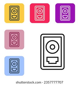 Black line CD disk award in frame icon isolated on white background. Modern ceremony. Best seller. Musical trophy. Set icons in color square buttons. Vector