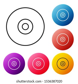 Black line CD or DVD disk icon isolated on white background. Compact disc sign. Set icons colorful circle buttons. Vector Illustration