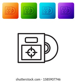 Black line CD or DVD disk in box icon isolated on white background. Compact disc sign. Set icons in color square buttons. Vector Illustration
