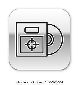 Black line CD or DVD disk in box icon isolated on white background. Compact disc sign. Silver square button. Vector Illustration