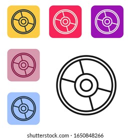 Black line CD or DVD disk icon isolated on white background. Compact disc sign. Set icons in color square buttons. Vector Illustration