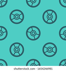 Black line CD or DVD disk icon isolated seamless pattern on green background. Compact disc sign.  Vector Illustration
