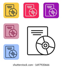 Black line CD or DVD disk icon isolated on white background. Compact disc sign. Set icons in color square buttons. Vector Illustration