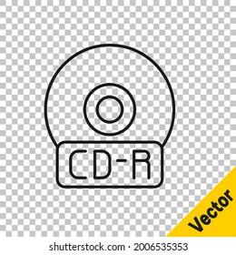 Icono de disco de CD o DVD de línea negra aislado en fondo transparente. Firma de disco compacto.  Ilustración vectorial