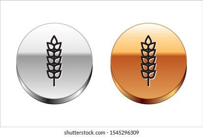 Black line Cereals set with rice, wheat, corn, oats, rye, barley icon isolated on white background. Ears of wheat bread symbols. Silver-gold circle button. Vector Illustration