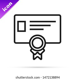 Black line Certificate template icon isolated on white background. Achievement, award, degree, grant, diploma concepts. Business success certificate.  Vector Illustration