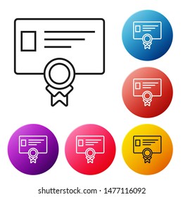 Black line Certificate template icon on white background. Achievement, award, degree, grant, diploma concepts. Business success certificate. Set icons colorful circle buttons. Vector Illustration