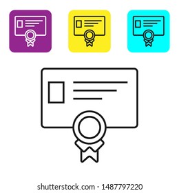 Black line Certificate template icon on white background. Achievement, award, degree, grant, diploma concepts. Business success certificate. Set icons colorful square buttons. Vector Illustration