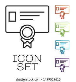 Black line Certificate template icon isolated on white background. Achievement, award, degree, grant, diploma concepts. Business success certificate. Set icons colorful. Vector Illustration