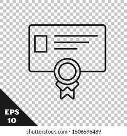 Black line Certificate template icon isolated on transparent background. Achievement, award, degree, grant, diploma concepts. Business success certificate.  Vector Illustration