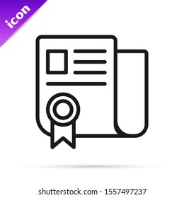 Black line Certificate template icon isolated on white background. Achievement, award, degree, grant, diploma. Business success certificate.  Vector Illustration