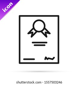 Black line Certificate template icon isolated on white background. Achievement, award, degree, grant, diploma. Business success certificate.  Vector Illustration