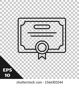 Black line Certificate template icon isolated on transparent background. Achievement, award, degree, grant, diploma. Business success certificate.  Vector Illustration