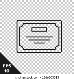 Black line Certificate template icon isolated on transparent background. Achievement, award, degree, grant, diploma. Business success certificate.  Vector Illustration