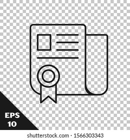 Black line Certificate template icon isolated on transparent background. Achievement, award, degree, grant, diploma. Business success certificate.  Vector Illustration
