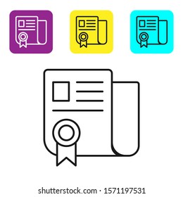 Black line Certificate template icon isolated on white background. Achievement, award, degree, grant, diploma. Business success certificate. Set icons colorful square buttons. Vector Illustration
