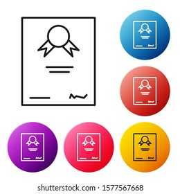 Black line Certificate template icon isolated on white background. Achievement, award, degree, grant, diploma. Business success certificate. Set icons colorful circle buttons. Vector Illustration