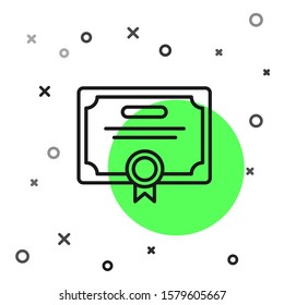 Black line Certificate template icon isolated on white background. Achievement, award, degree, grant, diploma. Business success certificate.  Vector Illustration