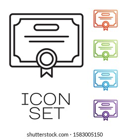 Black line Certificate template icon isolated on white background. Achievement, award, degree, grant, diploma. Business success certificate. Set icons colorful. Vector Illustration