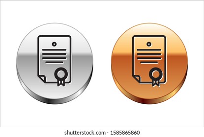 Black line Certificate template icon isolated on white background. Achievement, award, degree, grant, diploma. Business success certificate. Silver-gold circle button. Vector Illustration