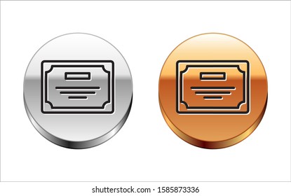 Black line Certificate template icon isolated on white background. Achievement, award, degree, grant, diploma. Business success certificate. Silver-gold circle button. Vector Illustration